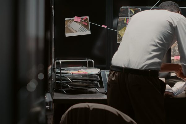 African american law agent putting clues on board, trying to conduct private investigation in incident room. Young police officer examining photos and forensic evidence on map, detective work.